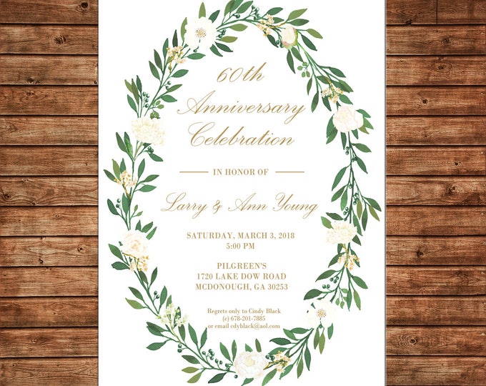 Anniversary Invitation Watercolor Wreath Vine Shower Party Birthday  - Can personalize colors /wording - Printable File or Printed Cards