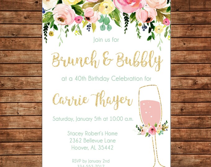 Invitation Watercolor Brunch Bubbly Watercolor Floral Shower Birthday - Can personalize colors /wording - Printable File or Printed Cards