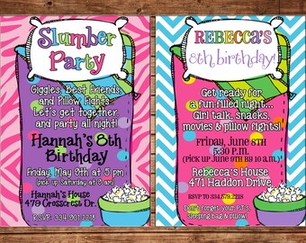 Girl Invitation Sleeping Bag Slumber Sleepover Birthday Party - Can personalize colors /wording - Printable File or Printed Cards