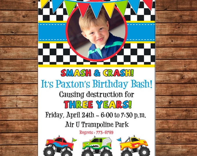Boy Photo Invitation Monster Truck Birthday Party - Can personalize colors /wording - Printable File or Printed Cards