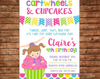 Girl Invitation Gymnastics Cartwheels and Cupcakes Birthday Party - Can personalize colors /wording - Printable File or Printed Cards