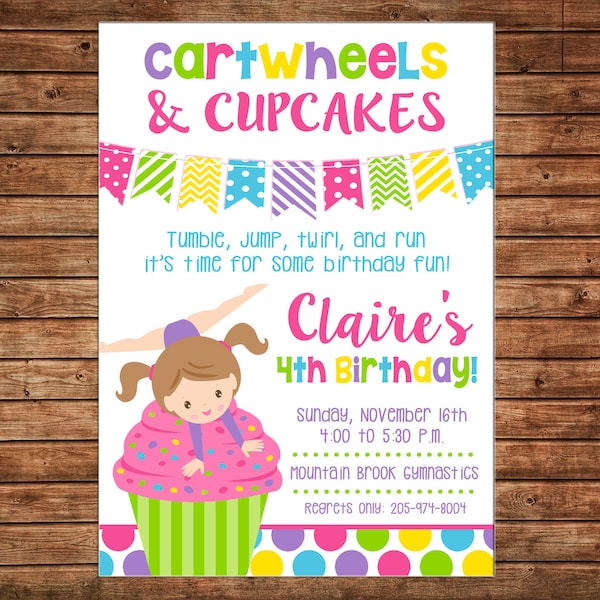 Girl Invitation Gymnastics Cartwheels and Cupcakes Birthday Party - Can personalize colors /wording - Printable File or Printed Cards