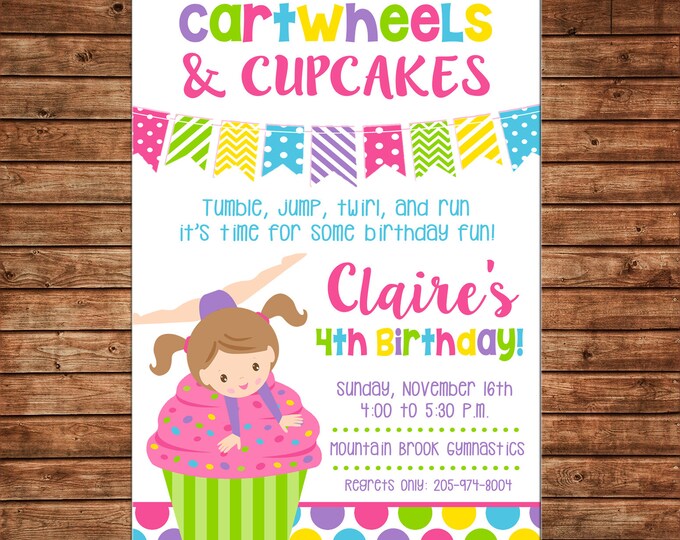 Girl Invitation Gymnastics Cartwheels and Cupcakes Birthday Party - Can personalize colors /wording - Printable File or Printed Cards