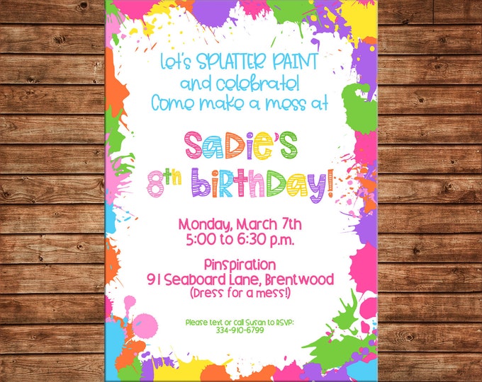 Boy or Girl Invitation Paint Splatter Art Pottery Birthday Party - Can personalize colors /wording - Printable File or Printed Cards