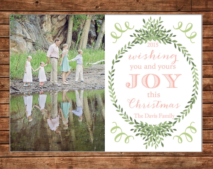 Christmas Holiday Photo Card Watercolor Wreath Greenery - Can Personalize - Printable File