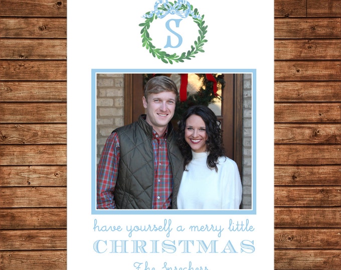 Christmas Holiday Photo Card Blue Watercolor Wreath Monogram - Can Personalize - Printable File