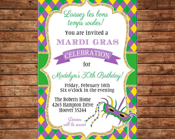 Invitation Mardi Gras Masquerade Ball Birthday Party - Can personalize colors /wording - Printable File or Printed Cards