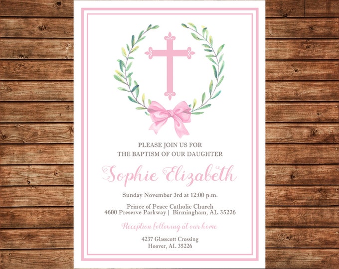 Girl Invitation Baptism Christening Dedication Cross Announcement - Can personalize colors /wording - Printable File or Printed Cards