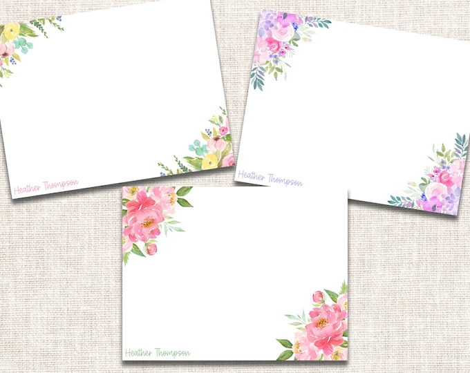 Personalized Girl Stationery, Personalized Girl Notecards, Flat Note Cards, Preppy Stationery, Watercolor Floral, Floral Stationery
