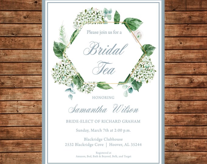 Invitation Watercolor Floral Hydrangea Greenery Brunch Shower  - Can personalize colors /wording - Printable File or Printed Cards