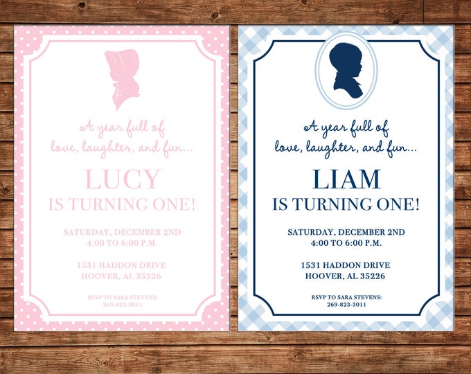 Boy or Girl Invitation Gingham Silhouette Birthday Party - Can personalize colors /wording - Printable File or Printed Cards