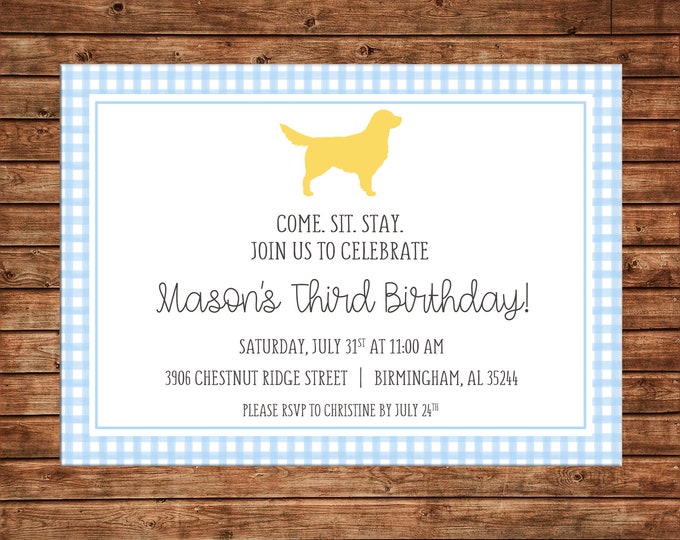 Boy or Girl Invitation Gingham Check Dog Puppy Birthday Party - Can personalize colors /wording - Printable File or Printed Cards