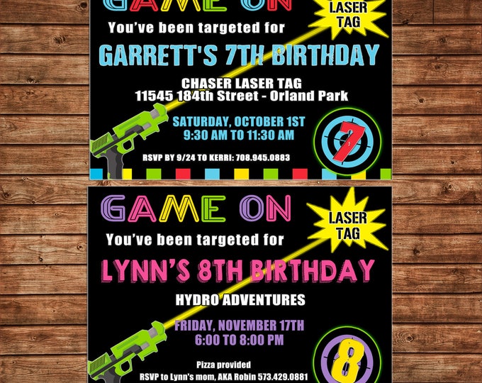 Boy or Girl Invitation Laser Tag Arcade Birthday Party - Can personalize colors /wording - Printable File or Printed Cards