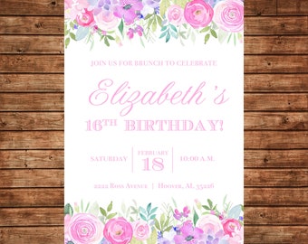 Watercolor Flowers Floral Invitation Brunch Birthday Tea Shower - Can personalize colors /wording - Printable File or Printed Cards