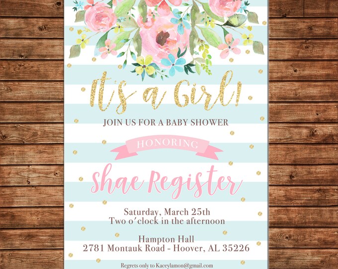 Girl Invitation Watercolor Floral Baby Bridal Shower Birthday Party - Can personalize colors /wording - Printable File or Printed Cards