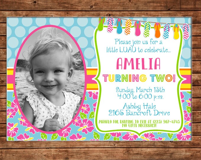 Girl Photo Invitation Luau Hawaiian Flip Flops Birthday Party - Can personalize colors /wording - Printable File or Printed Cards