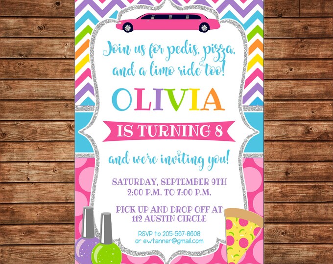 Girl Invitation Limo Mani Pedi Manicures Pedicures Pizza Birthday Party - Can personalize colors /wording - Printable File or Printed Cards