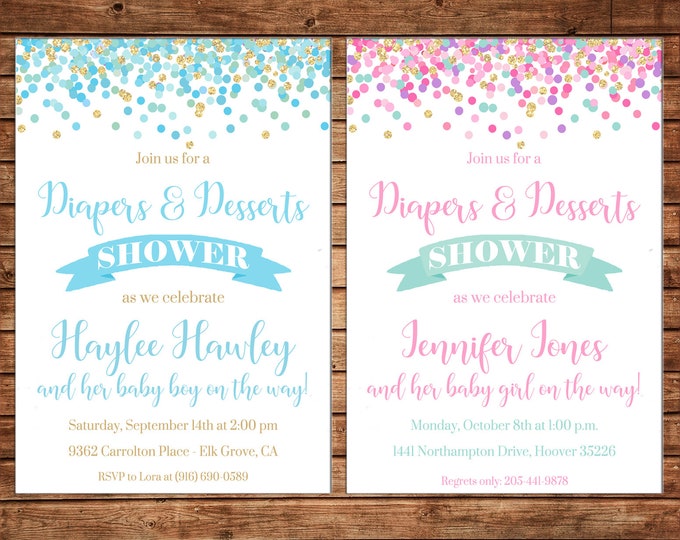 Boy or Girl Baby Girl Diapers and Dessert Shower Invitation - Can personalize colors /wording - Printable File or Printed Cards