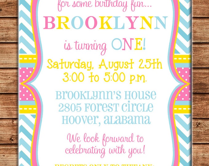 Girl Invitation Pink Yellow Aqua Mint Chevron Baby Shower Birthday Party - Can personalize colors /wording - Printable File or Printed Cards