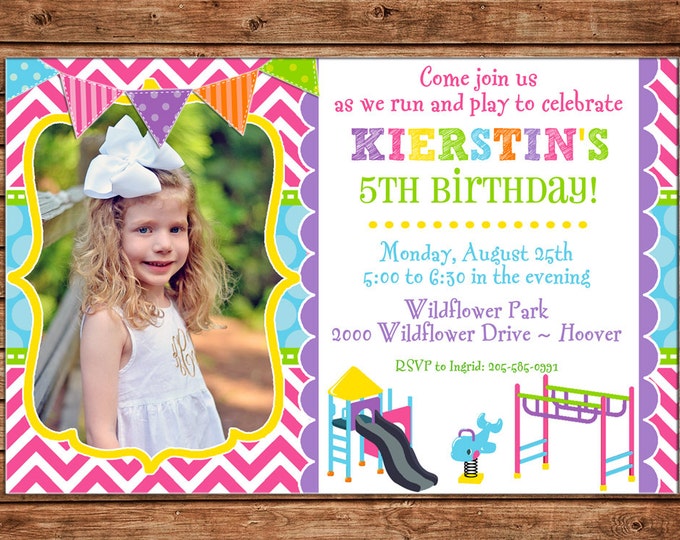 Girl Photo Invitation Playground Playdate Slide Swings Birthday Party - Can personalize colors /wording - Printable File or Printed Cards