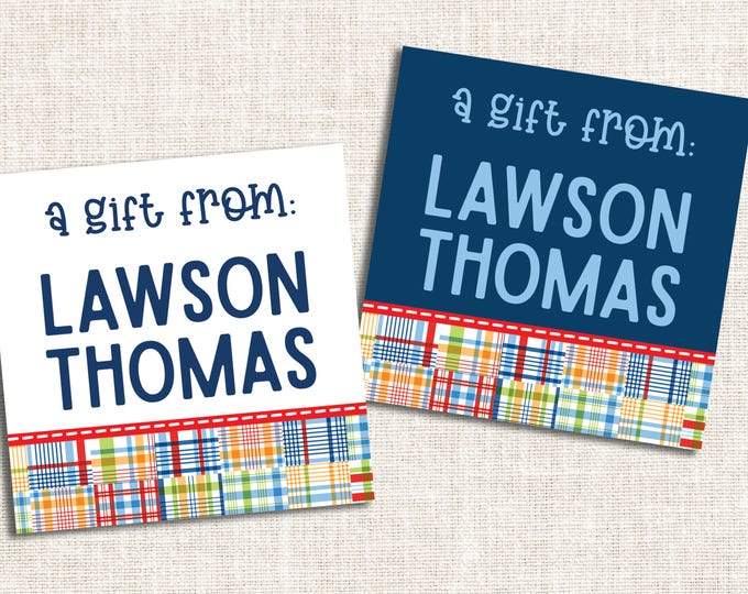 Personalized Boy Gift Tags, Boy Enclosure Cards, Boy Gift Stickers, Plaid Gift Tag, Madras Plaid