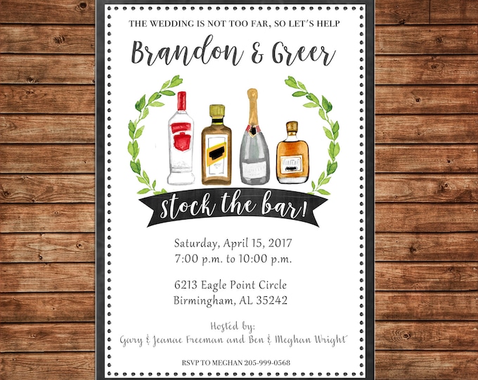 Invitation Stock the Bar Watercolor Wedding Bridal Shower Party - Can personalize colors /wording - Printable File or Printed Cards
