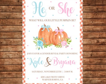 Little Pumpkin Gender Reveal Invitation Watercolor Baby Shower - Can personalize colors /wording - Printable File or Printed Cards