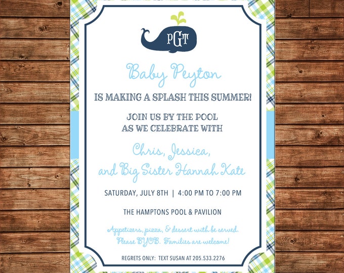 Boy Invitation Monogram Preppy Whale Plaid Baby Shower Birthday Party - Can personalize colors /wording - Printable File or Printed Cards
