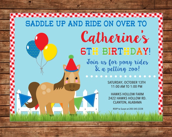 Boy or Girl Invitation Pony Horse Riding Farm Petting Zoo Birthday Party - Can personalize colors /wording - Printable File or Printed Cards