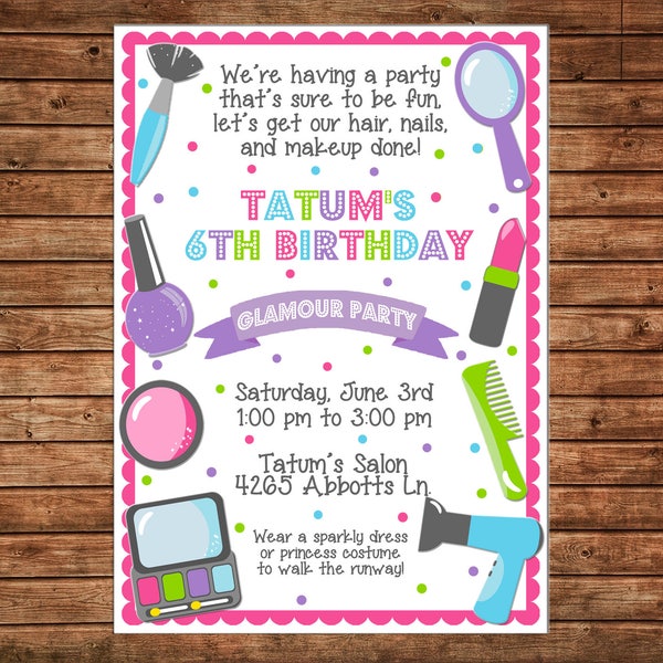 Girl Invitation Makeover Makeup Fashion Show Dress Up Birthday Party - Can personalize colors /wording - Printable File or Printed Cards