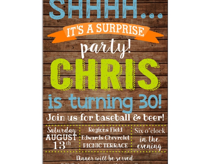 Boy Invitation Surprise Beer Rustic Birthday Party - Can personalize colors /wording - Printable File or Printed Cards