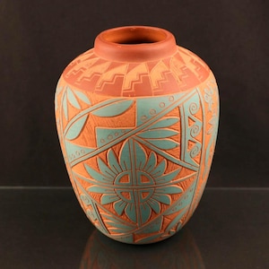 Vintage Antonio Acoma NM Pottery Vase 7x5.5" Native American Pueblo Sgraffito Dragonfly Kachina Design