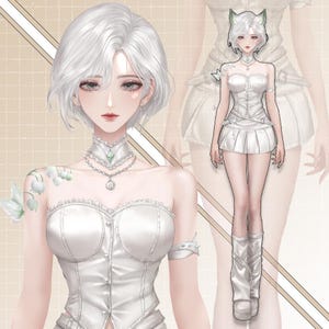 May include: An illustration of a woman with short white hair, wearing a white corset top, a necklace with a pendant, and a white skirt. A second illustration shows the woman in a full body pose, wearing a white outfit with boots. A butterfly and flowers are on the woman's shoulder.