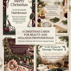 Può includere: Quattro biglietti di Natale per professionisti della bellezza e del benessere, inclusi design per parrucchieri, estetiste, onicotecnici e massaggiatori, con decorazioni natalizie, palline e auguri.