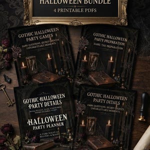 Può includere: Una raccolta di quattro documenti PDF stampabili intitolati The Complete Gothic Halloween Bundle. Ogni documento presenta immagini scure di candele, clessidre e chiavi, con testo che include Gothic Halloween Party Games e Party Planner.