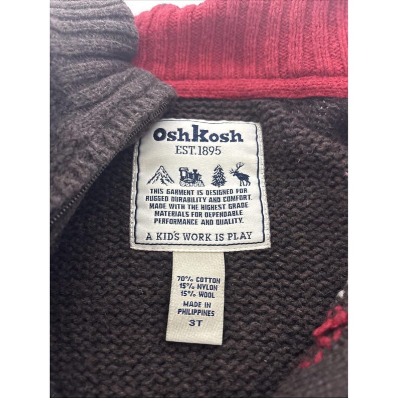 Vintage Osh Kosh Brown Reindeer Knit Zip Up Jacket Winter Outerwear Youth Size 3 image 5