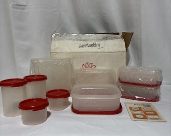Vtg New Tupperware 9 Pieces W/Lids #1619 #1605 Orange Tops W/Box Various Sizes