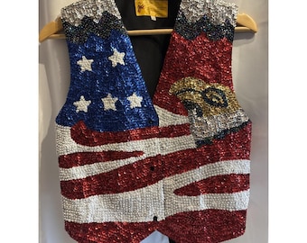 VTG Small Sequin Snap Vest American Flag USA Bald Eagle 250TH Anniversary Of USA