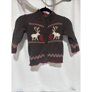 Vintage Osh Kosh Brown Reindeer Knit Zip Up Jacket Winter Outerwear Youth Size 3 image 1