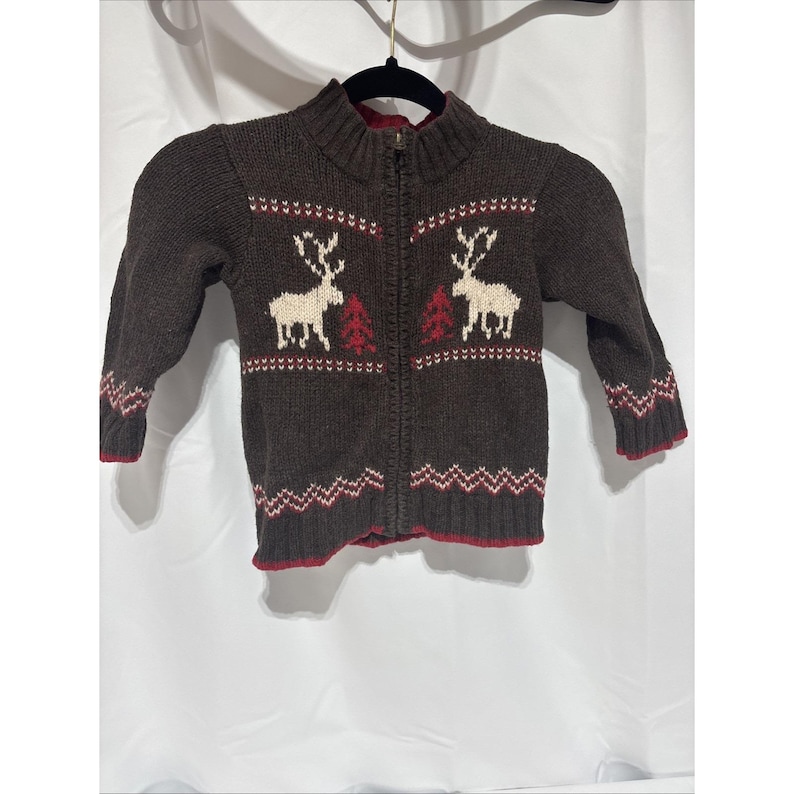 Vintage Osh Kosh Brown Reindeer Knit Zip Up Jacket Winter Outerwear Youth Size 3 image 1