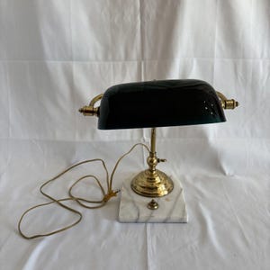 VTG  Blue/Green Glass Brass Marble Base Bankers Desk Lamp Office Turn knob
