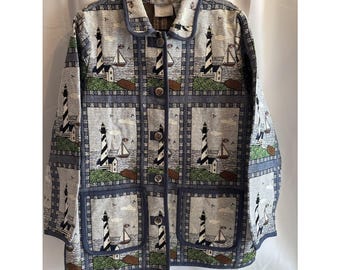 Women's Blair Lighthouse Sailing Woven Blanket Chore Jacket 90s L Ocean Granny