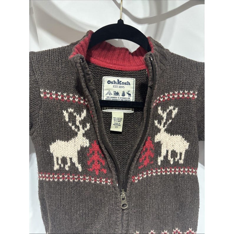 Vintage Osh Kosh Brown Reindeer Knit Zip Up Jacket Winter Outerwear Youth Size 3 image 3