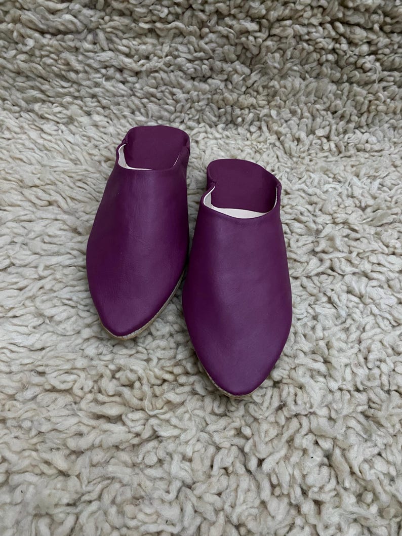 Op de afbeelding: Een paar paarse leren slippers met een puntige neus. De slippers zijn een diepe paarse tint en hebben een eenvoudig, instapontwerp. De binnenkant is wit. De slippers liggen op een getextureerd, gebroken wit tapijt.
