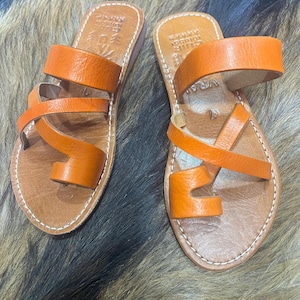 Handmade Moroccan Leather Sandals for Women – Orange Summer Sandals – Genuine Leather Shoes – Marrakech Artisan Craft