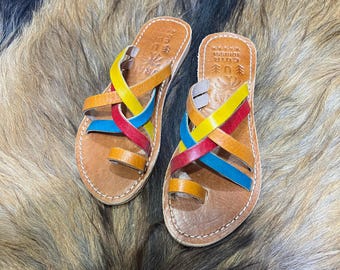 Colorful Moroccan Leather Sandals | Handmade Boho Summer Sandals for Women | Multicolor Artisan Footwear
