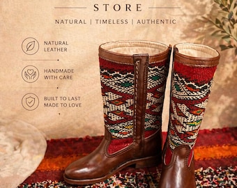 Handmade Moroccan Berber Boots – Kilim Wool Brown Leather – Traditional Winter Footwear – Cozy Unique Artisan Shoes
