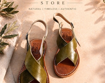 Sandalias marroquíes de cuero hechas a mano para mujer – Sandalias de tiras cruzadas verde oliva – Sandalias bohemias de verano – Sandalias planas de cuero artesanales – Regalo para ella