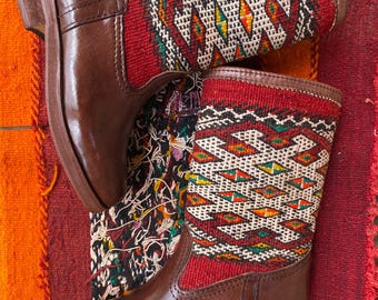 Moroccan Leather Berber Boots – Handmade Kilim Wool Shoes – Warm Winter Footwear – Boho Christmas Gift – Traditional Artisan Style