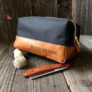 Leather Dopp Kit Mens Toiletry Bag Groomsmen Gifts Canvas Travel Bag Black / Tan image 1